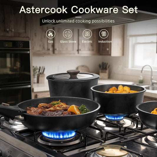 Astercook 21 Pcs Pots and Pans Set Non Stick, Ceramic Cookware Set Detachable Handle, RV Kitchen Cooking Set Removable Handles, Oven Safe, Induction Ready, Stackable, Black, Fathers Day Gift for Men