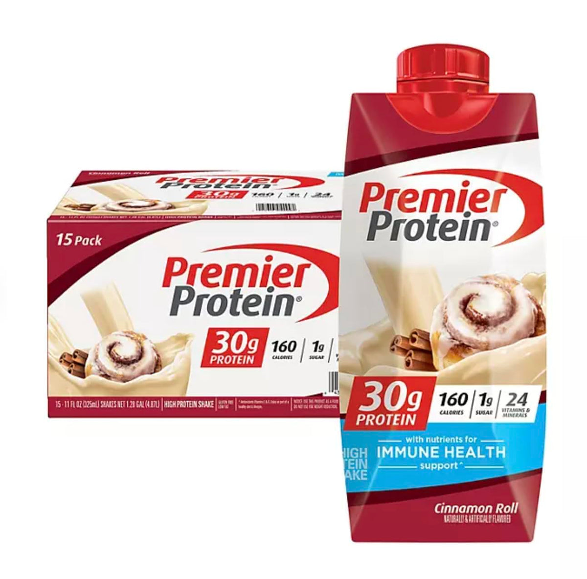 Premier Protein Shake, 30g Protein, 1g Sugar,24 Vitamins&Minerals Nutrients to Support Immune Health, Cinnamon Roll, 11 Fl Oz Pack of 15