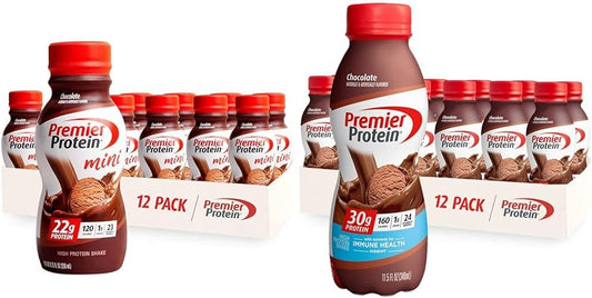 Premier Protein Shake MINIs Chocolate 22g Protein 120 Calories Pack of 12 & Premier Protein Shake Chocolate 30g Protein 24 Vitamins Minerals Nutrients Immune Health Pack of 12