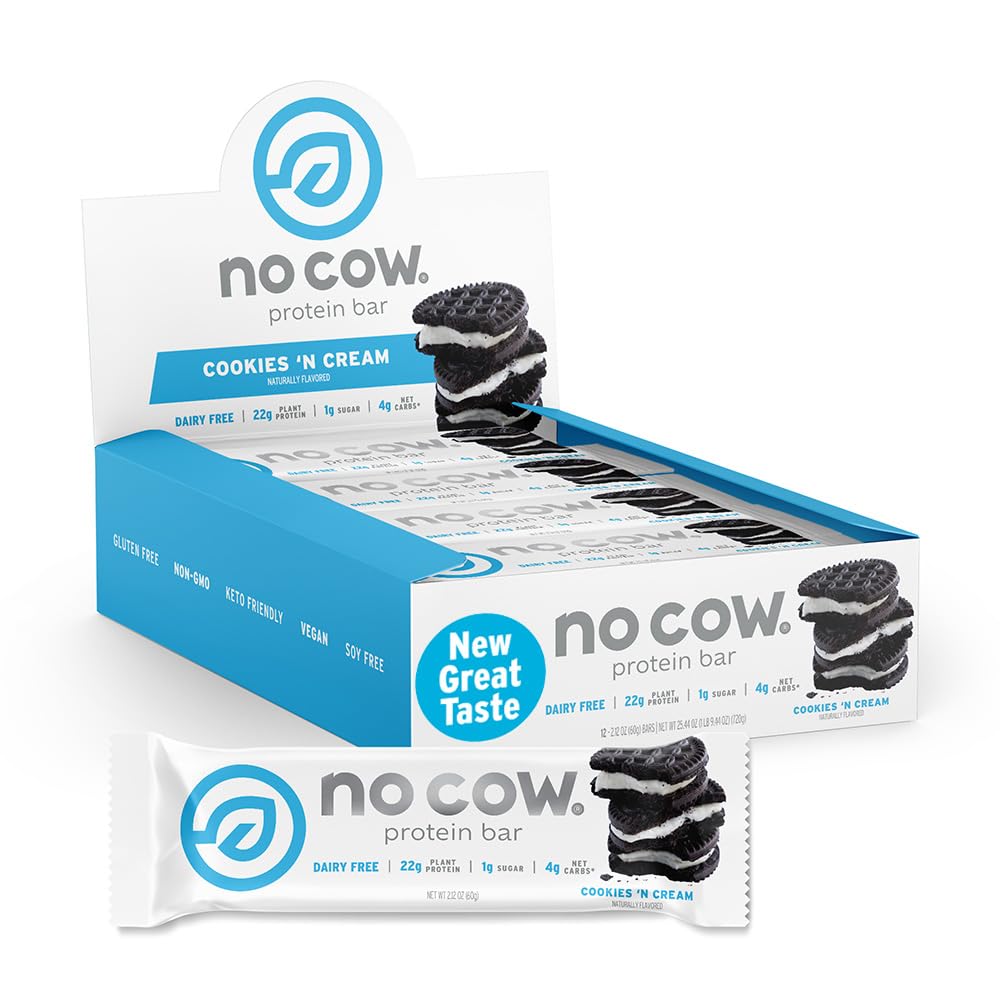 No Cow Cookies 'n Cream Vegan Protein Bars, 12 Pack | 20g High Plant-Based Protein, High Fiber, Low Sugar, Gluten-Free, Dairy-Free, Soy-Free, Keto-Friendly Snack Bars