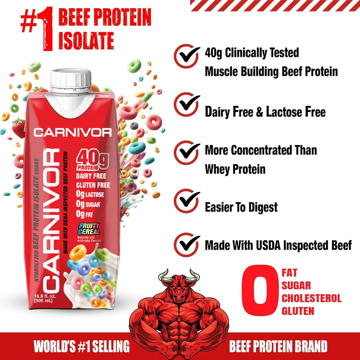 MuscleMeds Carnivor RTD, Ready to Drink Protein, Lactose Free, Sugar Free, 40g Isolate Protein, Muscle Building, Recovery, Halal Certified, Fruity Cereal, 16.9 Fl Oz (Pack of 12)