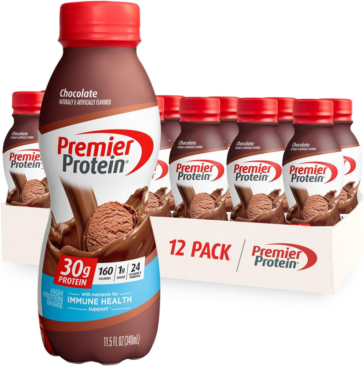 Premier Protein Shake MINIs Chocolate 22g Protein 120 Calories Pack of 12 & Premier Protein Shake Chocolate 30g Protein 24 Vitamins Minerals Nutrients Immune Health Pack of 12