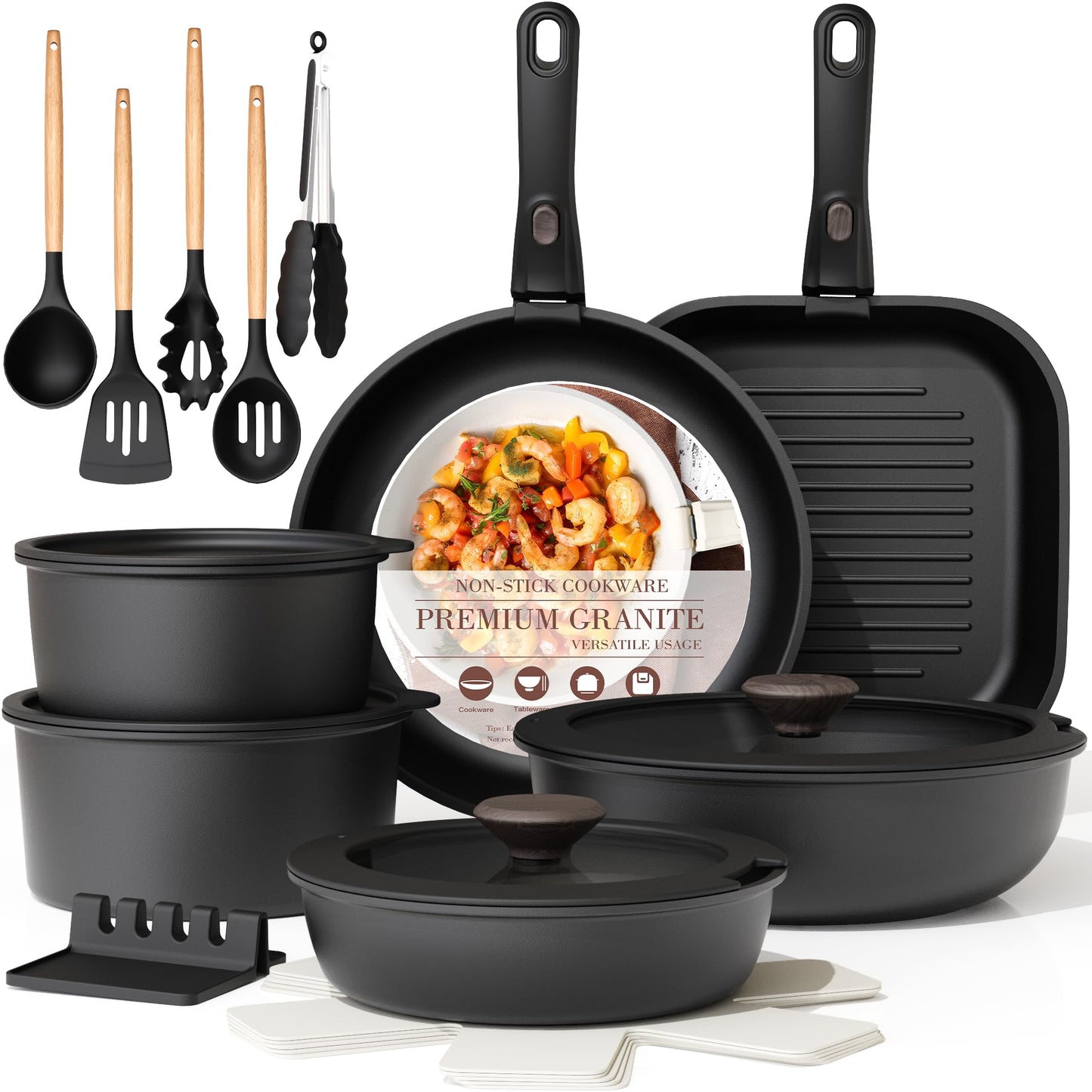 Astercook 21 Pcs Pots and Pans Set Non Stick, Ceramic Cookware Set Detachable Handle, RV Kitchen Cooking Set Removable Handles, Oven Safe, Induction Ready, Stackable, Black, Fathers Day Gift for Men