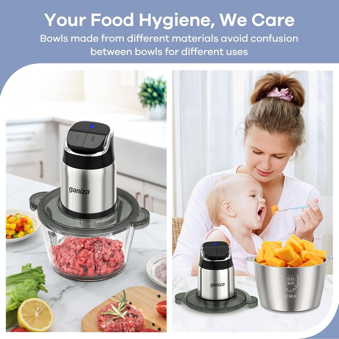 Ganiza Food Processor with Dual Bowls, 2-Speed Food Chopper & Meat Grinder | 8Cup Stainless & 8Cup Glass Bowls, Upgraded Button & Smart Overheat Protection Light - Includes Clean Brush, 2 Sets of Blades