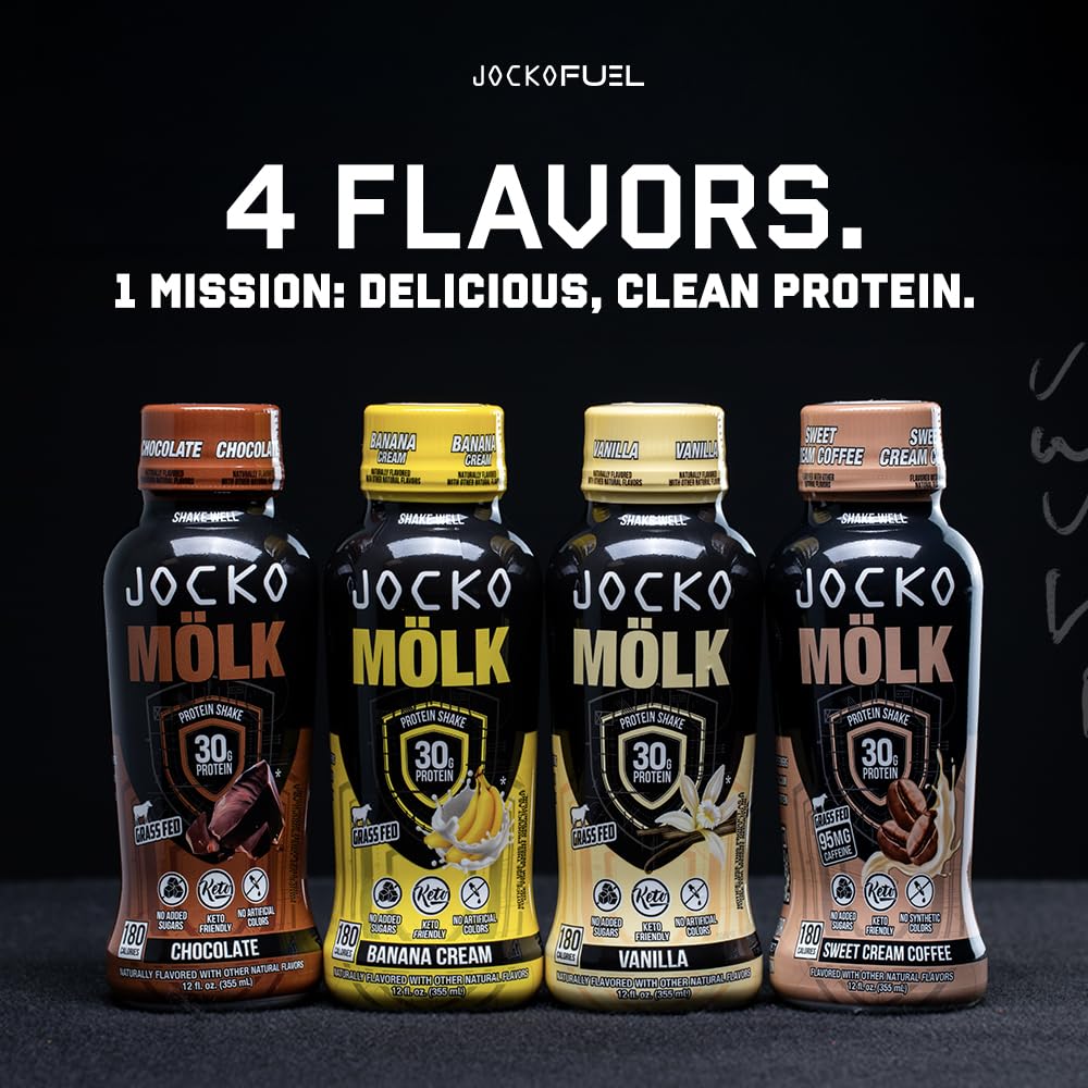 Jocko Fuel Mölk 30g Grass Fed Protein Shakes - No Added Sugar Protein Drinks KETO Friendly - Ready to Drink 12 FL Oz (Pack of 12) Sweet Cream Coffee