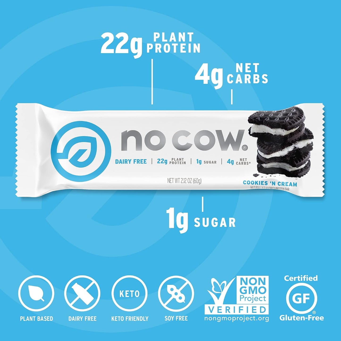 No Cow Cookies 'n Cream Vegan Protein Bars, 12 Pack | 20g High Plant-Based Protein, High Fiber, Low Sugar, Gluten-Free, Dairy-Free, Soy-Free, Keto-Friendly Snack Bars