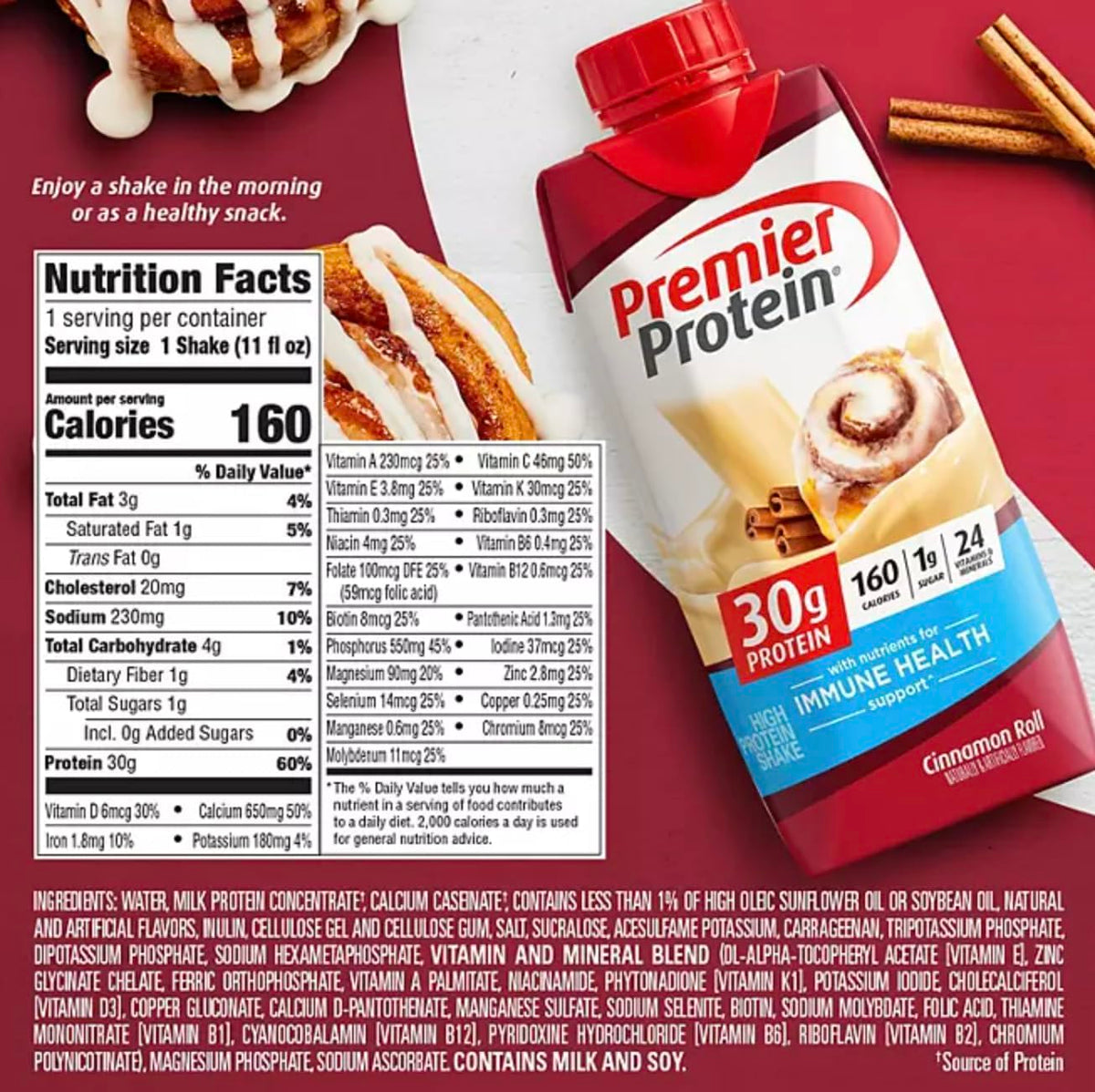 Premier Protein Shake, 30g Protein, 1g Sugar,24 Vitamins&Minerals Nutrients to Support Immune Health, Cinnamon Roll, 11 Fl Oz Pack of 15