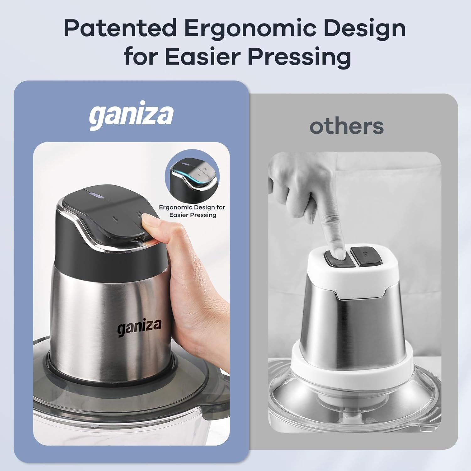 Ganiza Food Processor with Dual Bowls, 2-Speed Food Chopper & Meat Grinder | 8Cup Stainless & 8Cup Glass Bowls, Upgraded Button & Smart Overheat Protection Light - Includes Clean Brush, 2 Sets of Blades