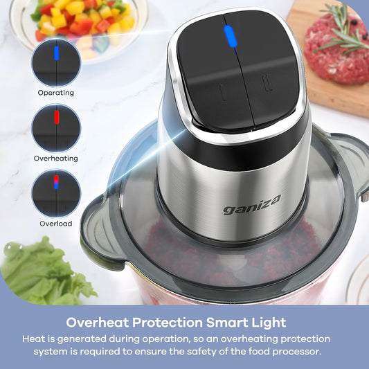 Ganiza Food Processor with Dual Bowls, 2-Speed Food Chopper & Meat Grinder | 8Cup Stainless & 8Cup Glass Bowls, Upgraded Button & Smart Overheat Protection Light - Includes Clean Brush, 2 Sets of Blades