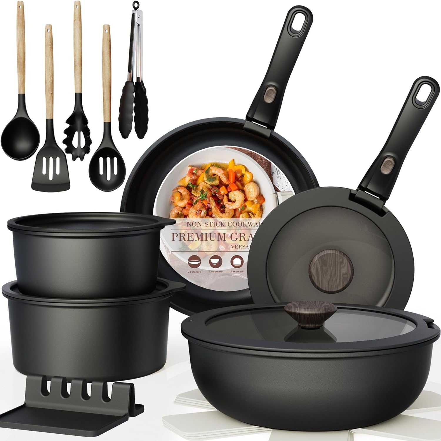 Astercook 21 Pcs Pots and Pans Set Non Stick, Ceramic Cookware Set Detachable Handle, RV Kitchen Cooking Set Removable Handles, Oven Safe, Induction Ready, Stackable, Black, Fathers Day Gift for Men