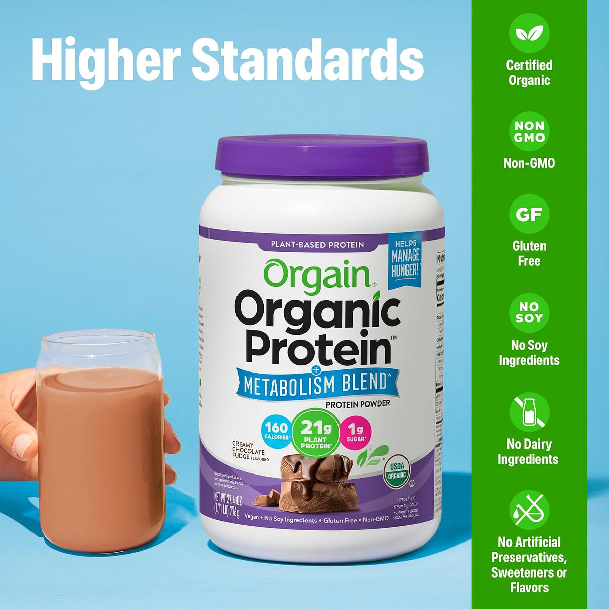 Orgain Organic 21g Vegan Protein + Metabolism Powder, Chocolate, 1.71lb | Plant based protein blend with chromium to promote healthy weight management, 4g prebiotic fiber, for shakes & smoothies
