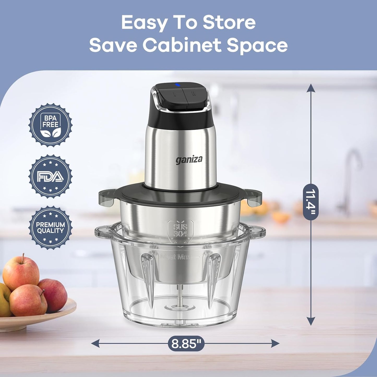 Ganiza Food Processor with Dual Bowls, 2-Speed Food Chopper & Meat Grinder | 8Cup Stainless & 8Cup Glass Bowls, Upgraded Button & Smart Overheat Protection Light - Includes Clean Brush, 2 Sets of Blades