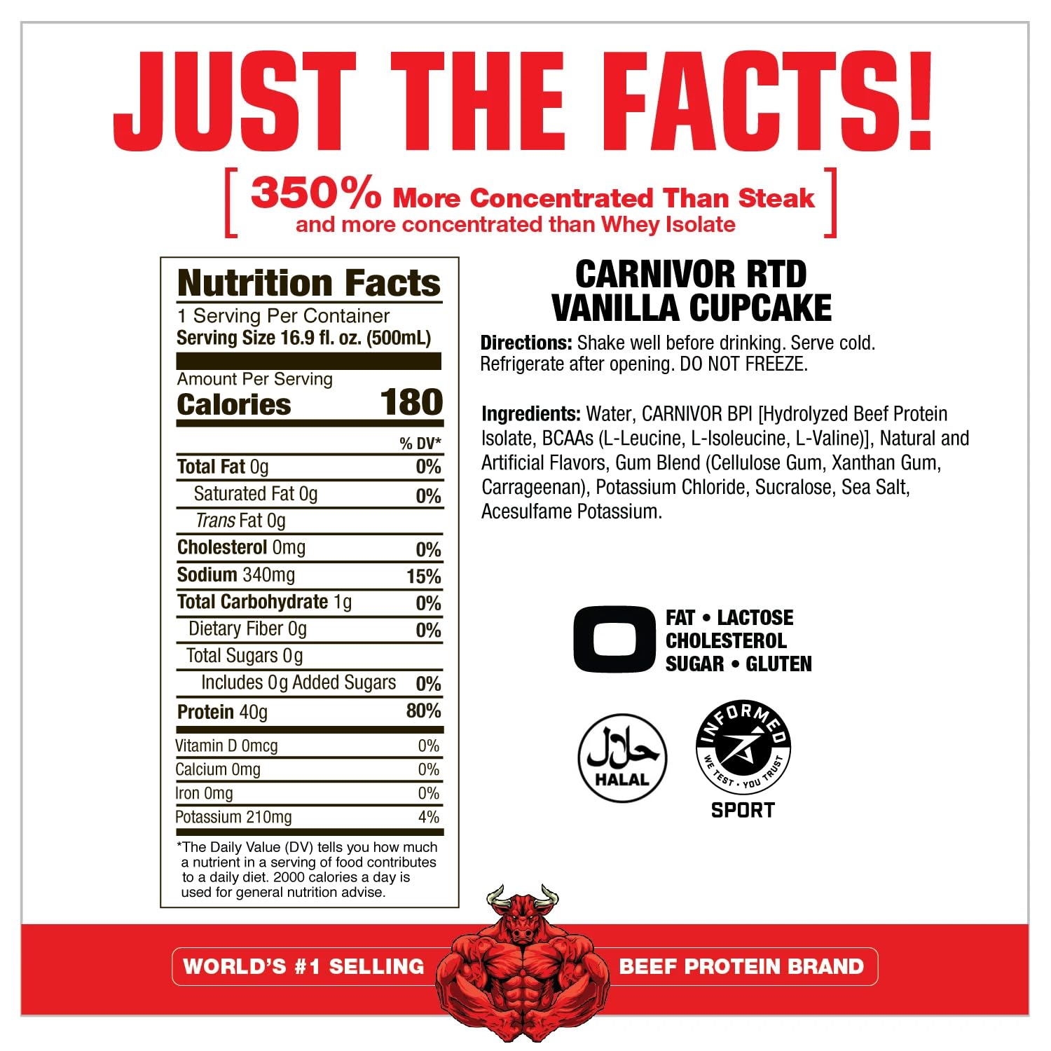 MuscleMeds Carnivor RTD, Ready to Drink Protein, Lactose Free, Sugar Free, 40g Isolate Protein, Muscle Building, Recovery, Vanilla Cupcake, 16.9 Fl Oz, Liquid (Pack of 12)