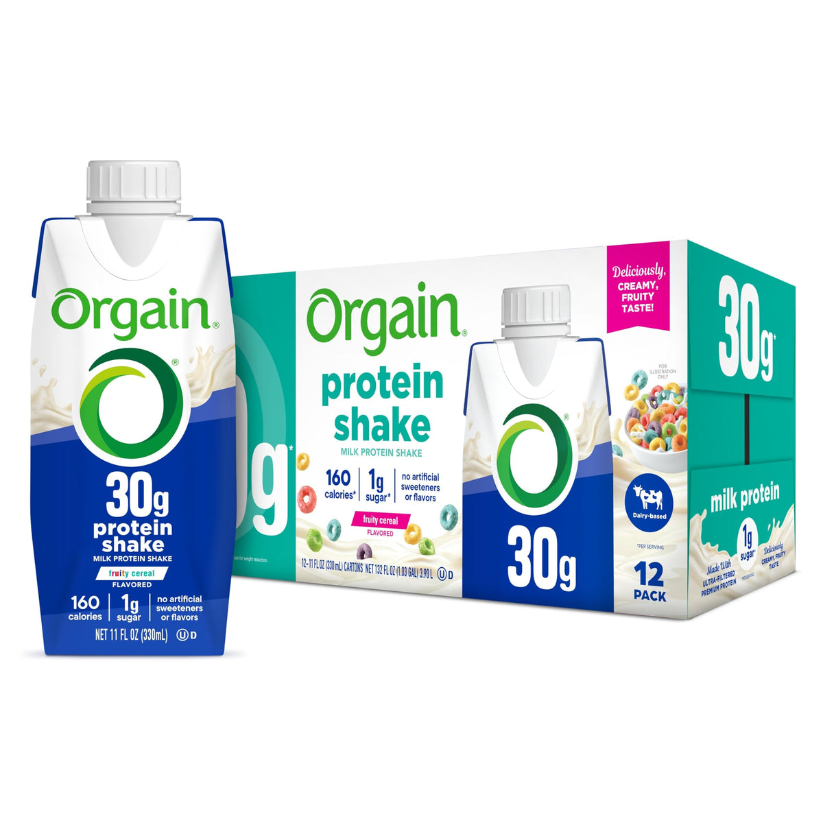 Orgain 38g High Protein Grass-Fed Shake, 6g BCAAs, Chocolate, 14 oz, 12pk