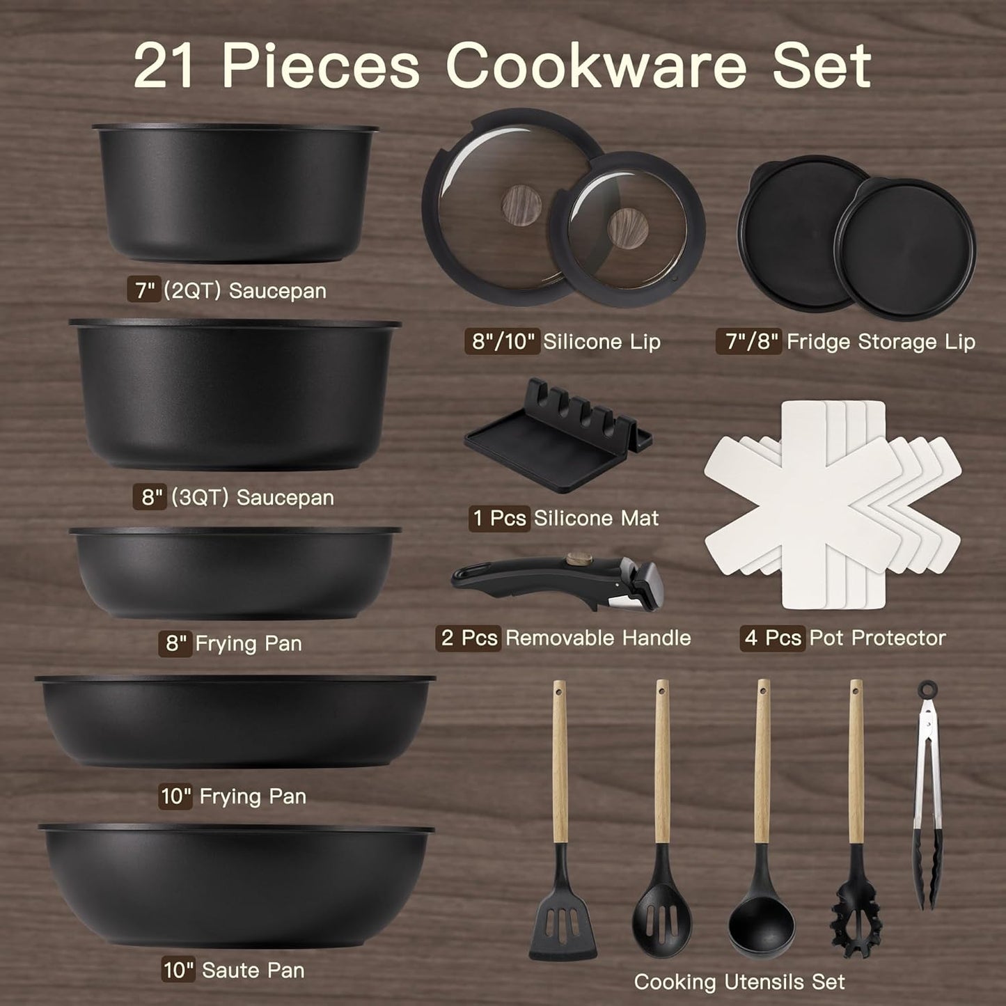 Astercook 21 Pcs Pots and Pans Set Non Stick, Ceramic Cookware Set Detachable Handle, RV Kitchen Cooking Set Removable Handles, Oven Safe, Induction Ready, Stackable, Black, Fathers Day Gift for Men