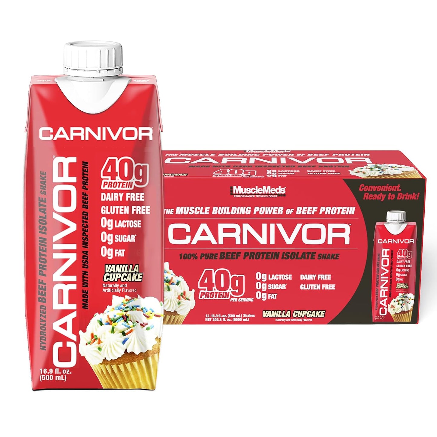 MuscleMeds Carnivor RTD, Ready to Drink Protein, Lactose Free, Sugar Free, 40g Isolate Protein, Muscle Building, Recovery, Vanilla Cupcake, 16.9 Fl Oz, Liquid (Pack of 12)