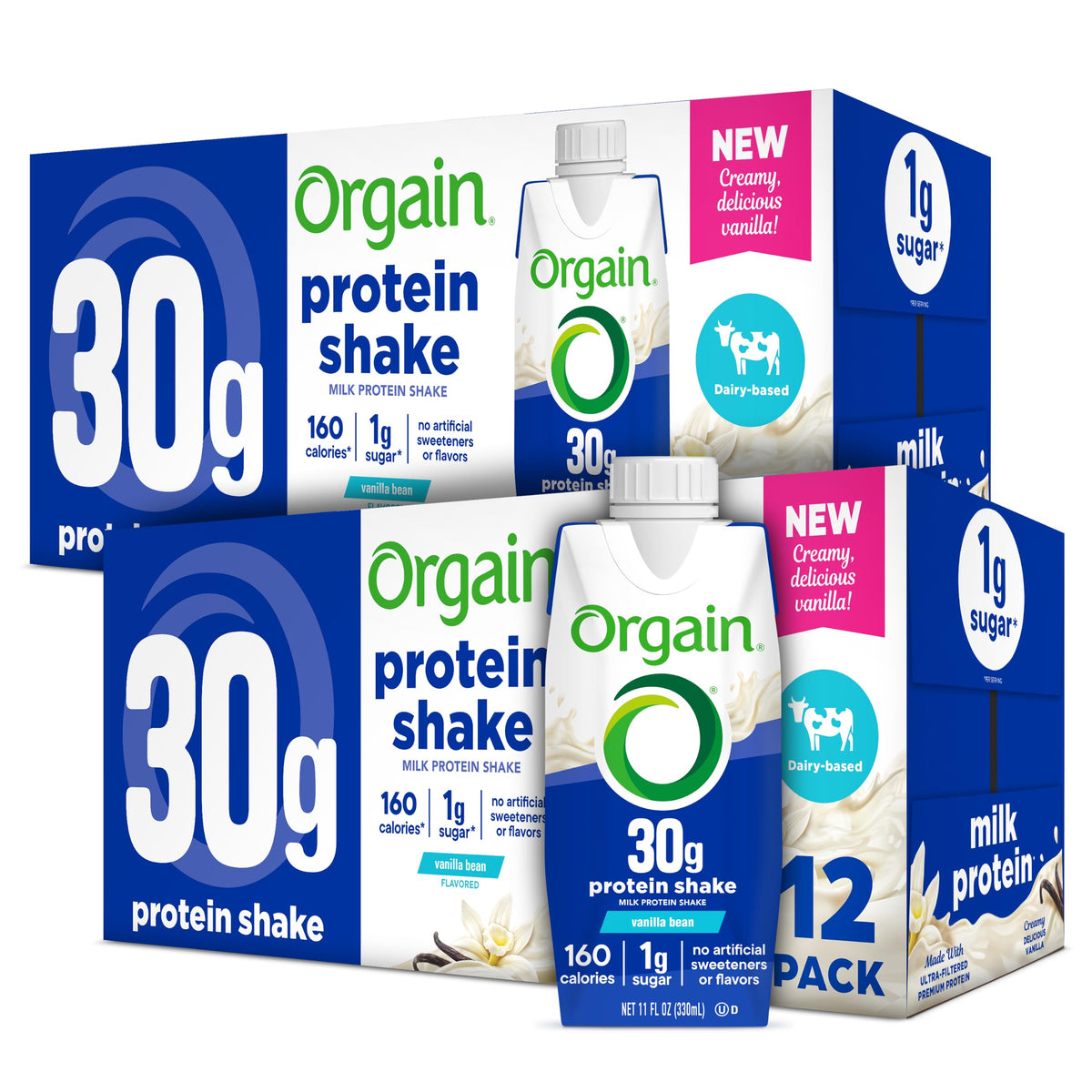 Orgain 38g High Protein Grass-Fed Shake, 6g BCAAs, Chocolate, 14 oz, 12pk