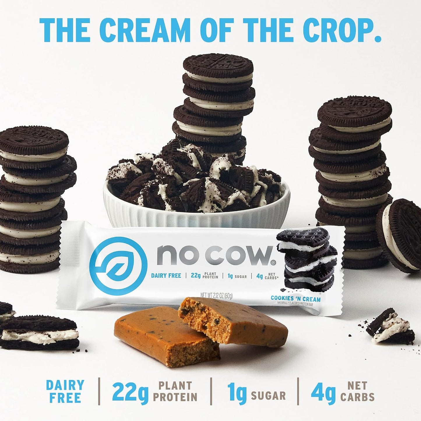 No Cow Cookies 'n Cream Vegan Protein Bars, 12 Pack | 20g High Plant-Based Protein, High Fiber, Low Sugar, Gluten-Free, Dairy-Free, Soy-Free, Keto-Friendly Snack Bars