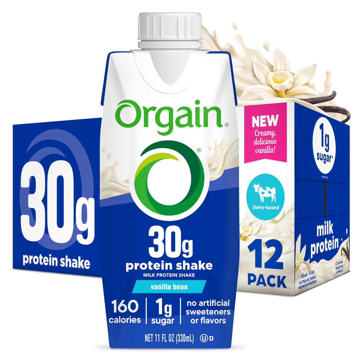 Orgain 38g High Protein Grass-Fed Shake, 6g BCAAs, Chocolate, 14 oz, 12pk