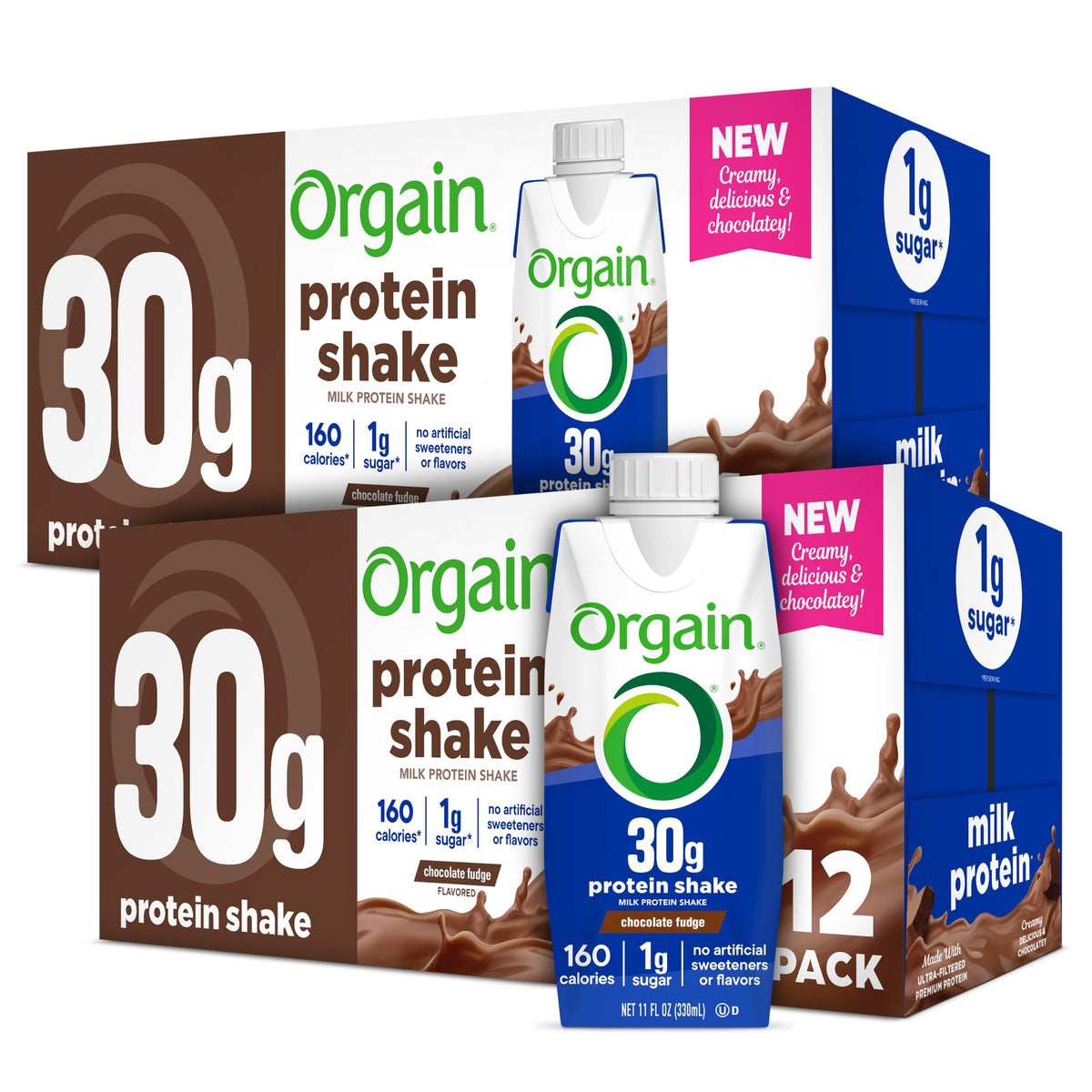 Orgain 38g High Protein Grass-Fed Shake, 6g BCAAs, Chocolate, 14 oz, 12pk