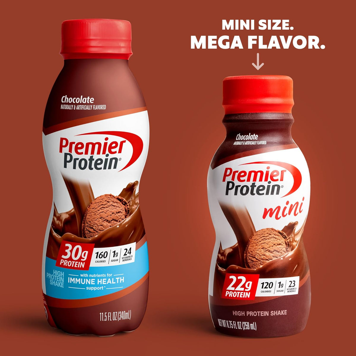 Premier Protein Shake MINIs Chocolate 22g Protein 120 Calories Pack of 12 & Premier Protein Shake Chocolate 30g Protein 24 Vitamins Minerals Nutrients Immune Health Pack of 12