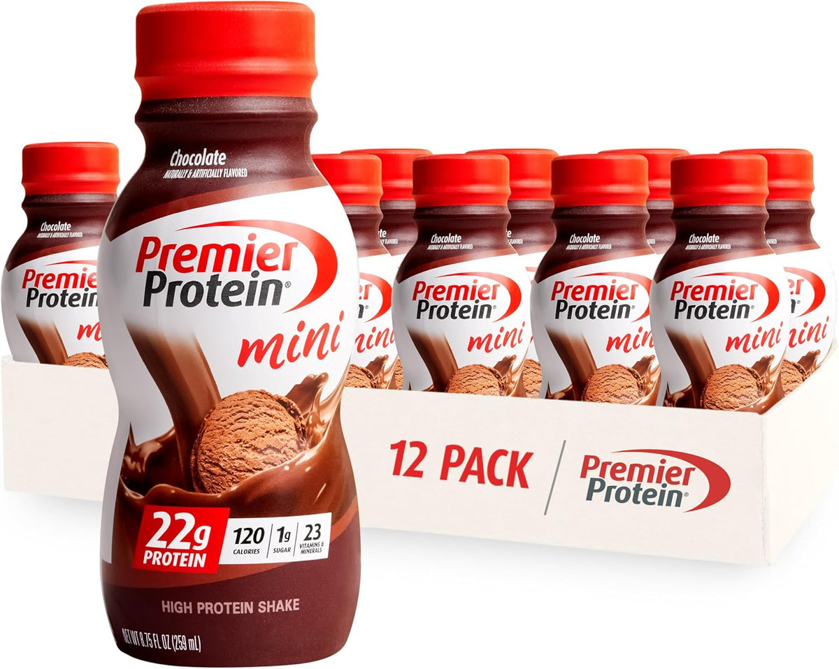 Premier Protein Shake MINIs Chocolate 22g Protein 120 Calories Pack of 12 & Premier Protein Shake Chocolate 30g Protein 24 Vitamins Minerals Nutrients Immune Health Pack of 12