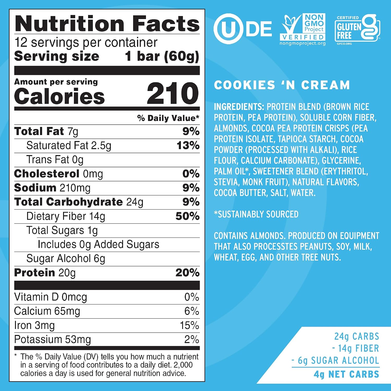No Cow Cookies 'n Cream Vegan Protein Bars, 12 Pack | 20g High Plant-Based Protein, High Fiber, Low Sugar, Gluten-Free, Dairy-Free, Soy-Free, Keto-Friendly Snack Bars
