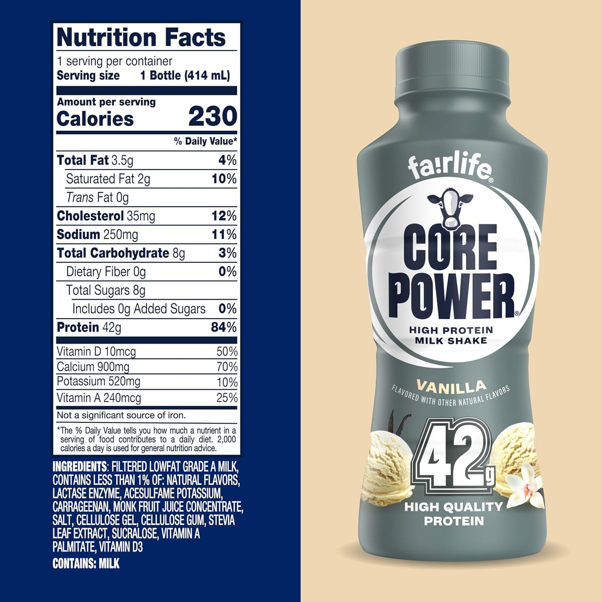 Core Power Fairlife Elite 42g High Protein Milk Shake Bottle, Ready To Drink for Workout Recovery, kosher, Liquid, Vanilla, 14 Fl Oz (Pack of 12)