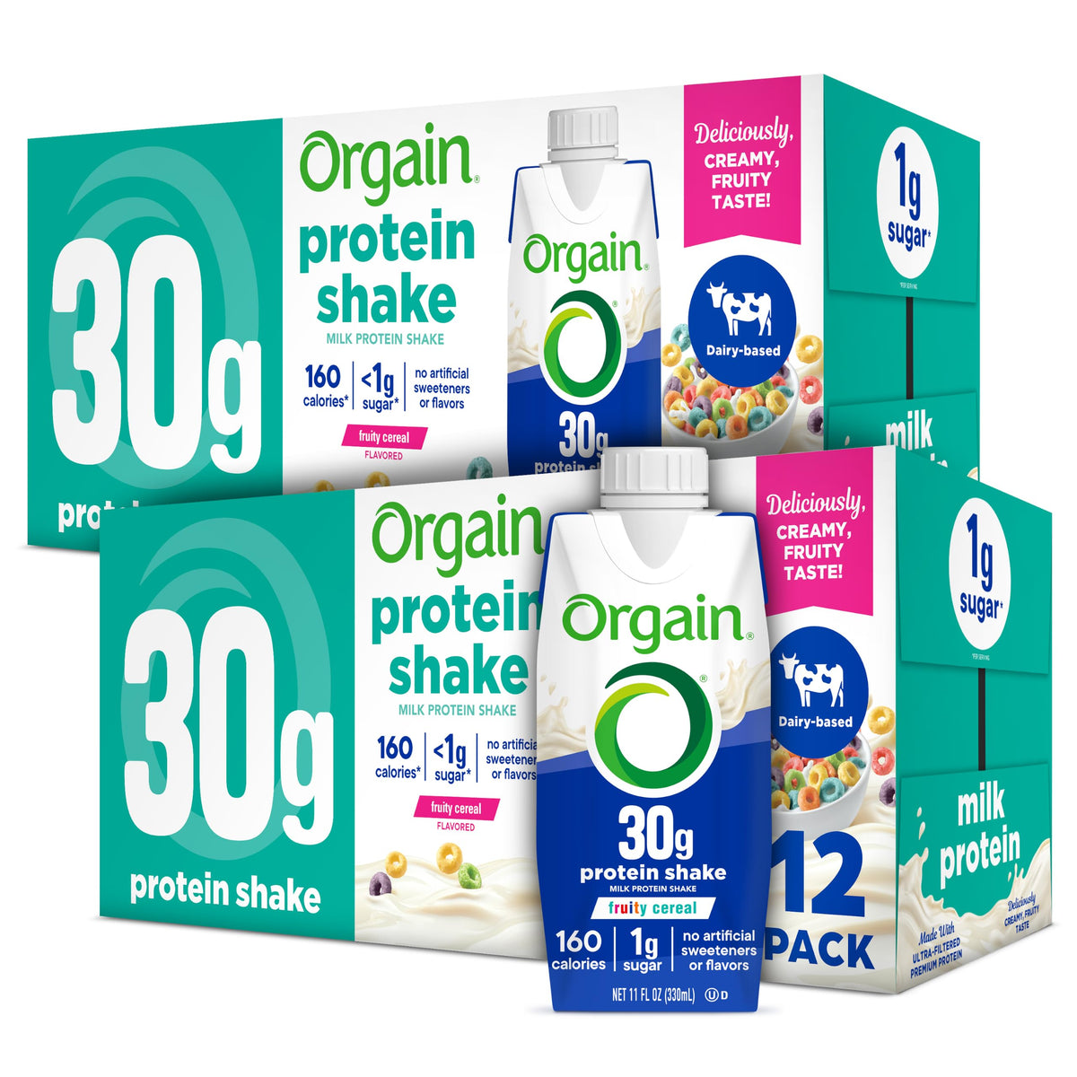 Orgain 38g High Protein Grass-Fed Shake, 6g BCAAs, Chocolate, 14 oz, 12pk