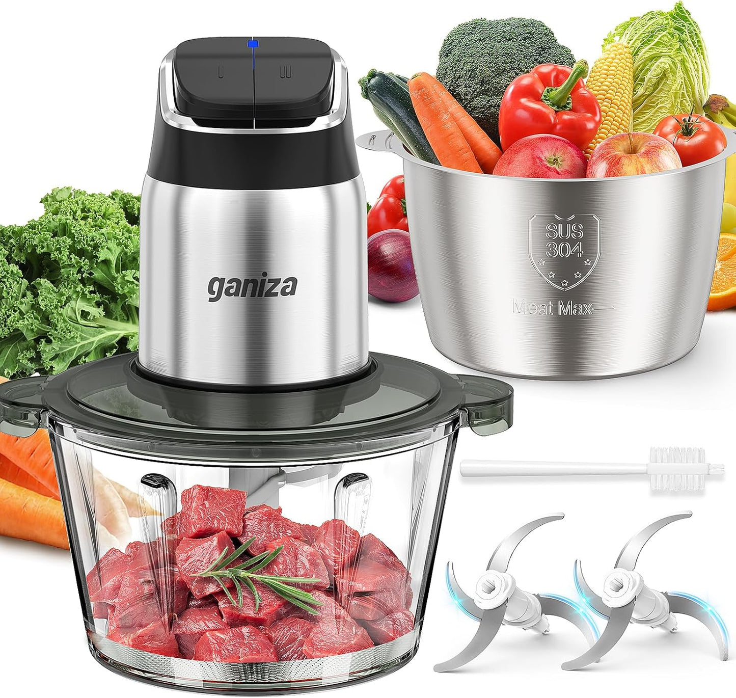 Ganiza Food Processor with Dual Bowls, 2-Speed Food Chopper & Meat Grinder | 8Cup Stainless & 8Cup Glass Bowls, Upgraded Button & Smart Overheat Protection Light - Includes Clean Brush, 2 Sets of Blades
