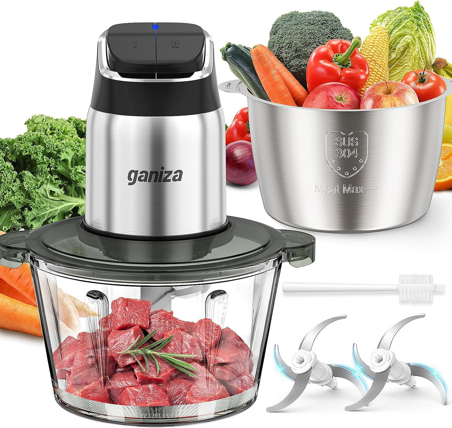 Ganiza Food Processor with Dual Bowls, 2-Speed Food Chopper & Meat Grinder | 8Cup Stainless & 8Cup Glass Bowls, Upgraded Button & Smart Overheat Protection Light - Includes Clean Brush, 2 Sets of Blades
